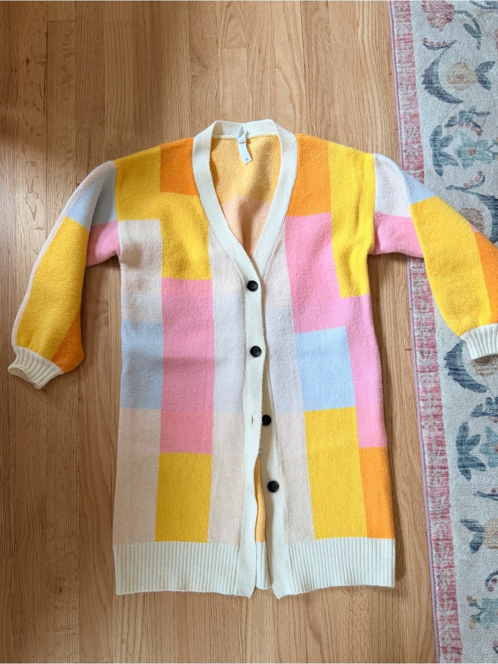 Pastel Block-Pattern Long Cardigan — Cream, Pink, Yellow, Blue